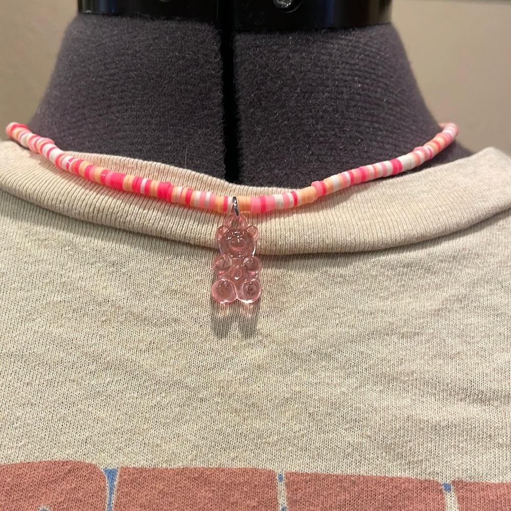 This is clay bead and gummy bear necklaces